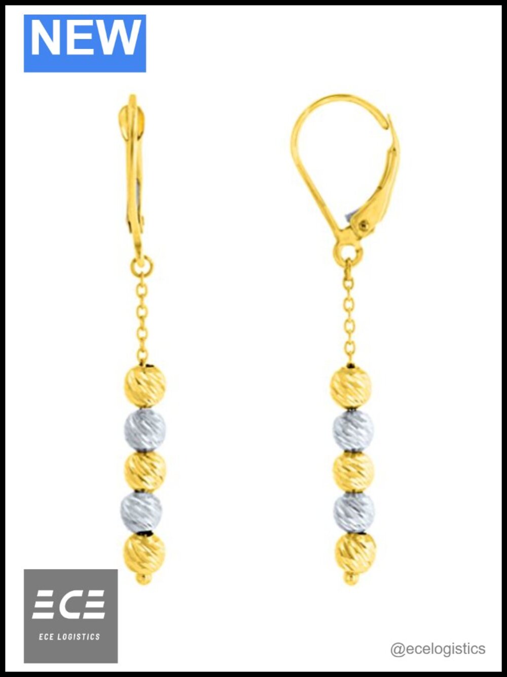 14K Two Tone Gold Textured Layered Ball Dangling Drop Threader Earrings 4mm